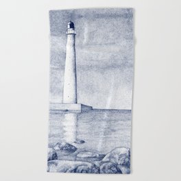 White lighthouse in blue Beach Towel