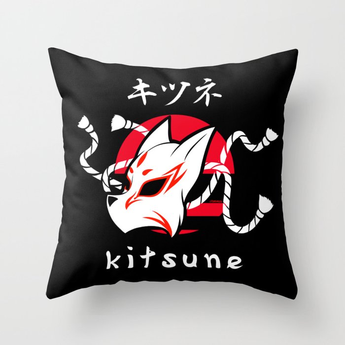 Japanese Kitsune Fox Mask Rising Red Sun Aesthetic Design Throw Pillow