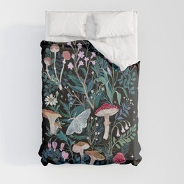 Night Mushrooms Comforter | Flowers, Gouache, Floral, Nature, Nocturnal, Botanical, Moon, Foliage, Illustration, Butterfly 