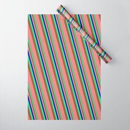 [ Thumbnail: Blue, Green, Sienna & Light Coral Colored Striped/Lined Pattern Wrapping Paper ]