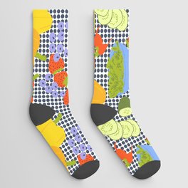 Retro Kitchen Fruits And Vegetables Navy Blue Dots Socks