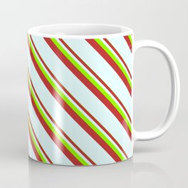 [ Thumbnail: Chartreuse, Red & Light Cyan Colored Lined/Striped Pattern Coffee Mug ]