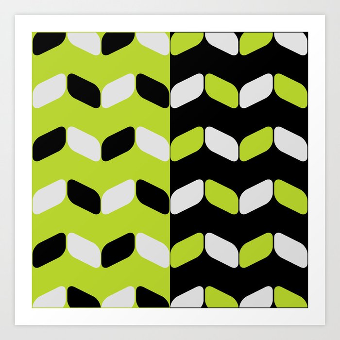 Vintage Diagonal Rectangles Black White Chartreuse Art Print