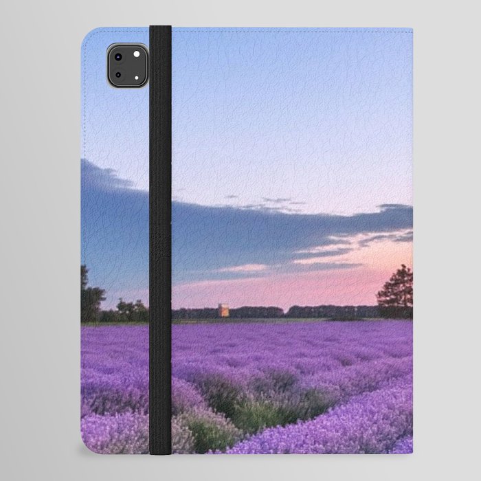Sunset over fields of purple English lavender landscape color photograph / photography for kitchen, dining room, wall, and home decor iPad Folio Case