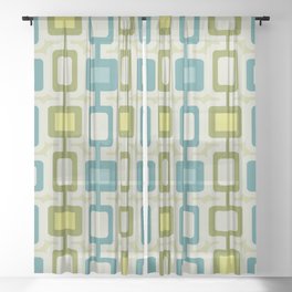 Mid Century Modern Square Columns Turquoise Chartreuse Sheer Curtain