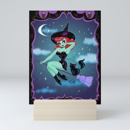 Cute Pinup Witch on Purple Mini Art Print