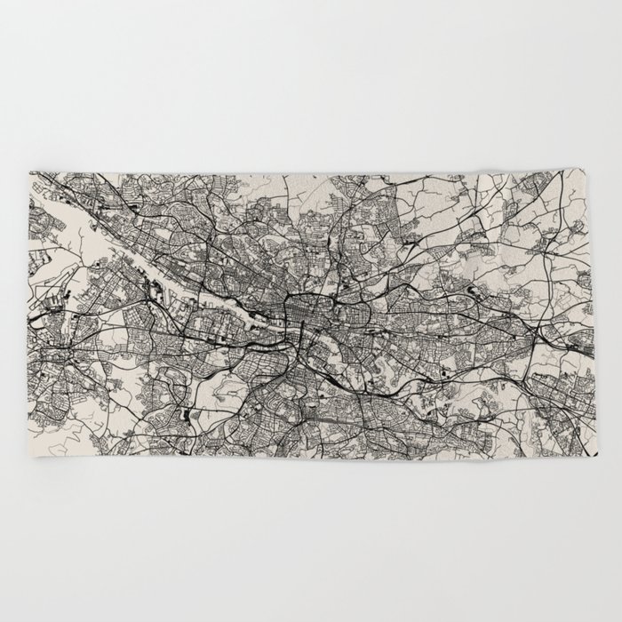 Glasgow, Scotland. City Map Drawing - Black and White Beach Towel