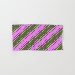 [ Thumbnail: Violet and Dark Olive Green Colored Lines/Stripes Pattern Hand & Bath Towel ]