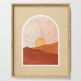 Abstract boho landscape, terracotta dunes and sun Serving Tray