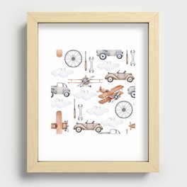 Watercolor baby pattern with retro cars and planes Recessed Framed Print