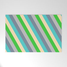[ Thumbnail: Eyecatching Grey, Light Slate Gray, Turquoise, Beige & Lime Green Colored Stripes/Lines Pattern Welcome Mat ]