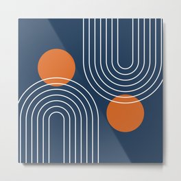 Mid Century Modern Geometric 83 in Navy Blue and Orange (Rainbow and Sun Abstraction) Metal Print | Abstraction, Navyblue, Fullmoon, Rainbow, Pattern, Classy, Line, Trendy, Boho, Modern 