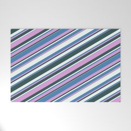 [ Thumbnail: Blue, Plum, Dark Slate Gray, and Mint Cream Colored Lined/Striped Pattern Welcome Mat ]