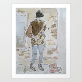 Sax Man Art Print | Street, Busker, Watercolor, Sax, Ink, Jazz, Painting 