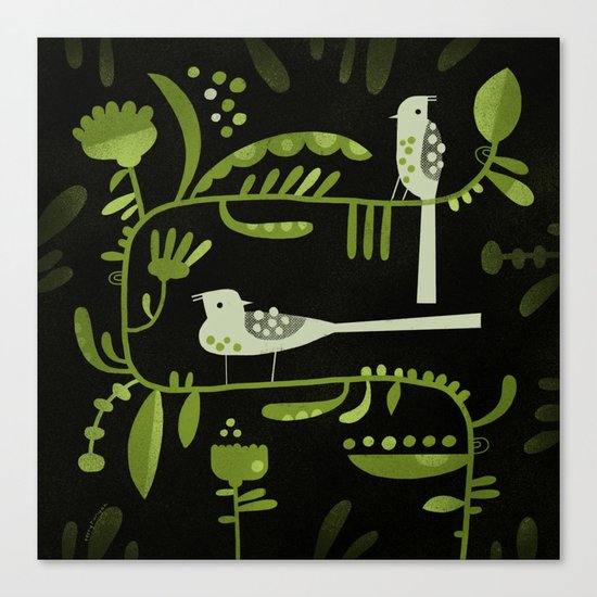 GREEN ON BLACK WITH BIRDS Canvas Print