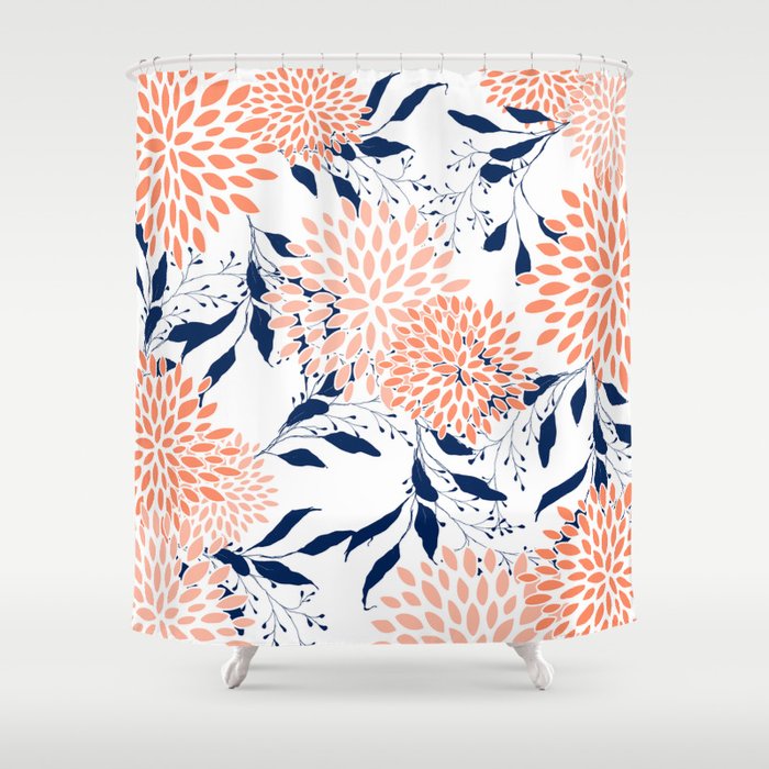 Navy coral shower curtain deals