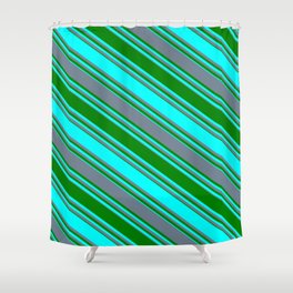[ Thumbnail: Slate Gray, Green & Cyan Colored Stripes/Lines Pattern Shower Curtain ]