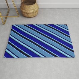 [ Thumbnail: Blue, Black, Dark Blue & Sky Blue Colored Pattern of Stripes Rug ]