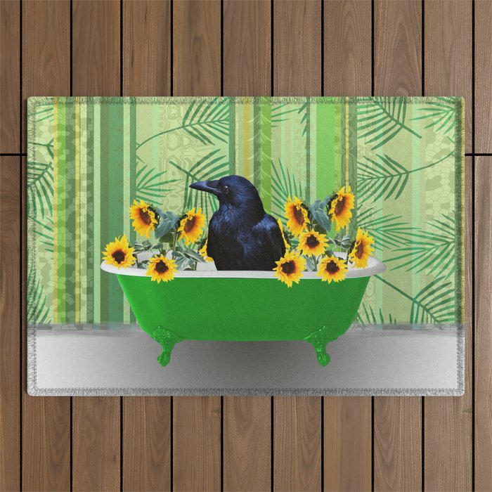 Raven in green bathtub with sunflowers #society6 Outdoor Rug