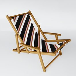 [ Thumbnail: Eye-catching Goldenrod, Plum, Brown, White & Black Colored Stripes Pattern Sling Chair ]