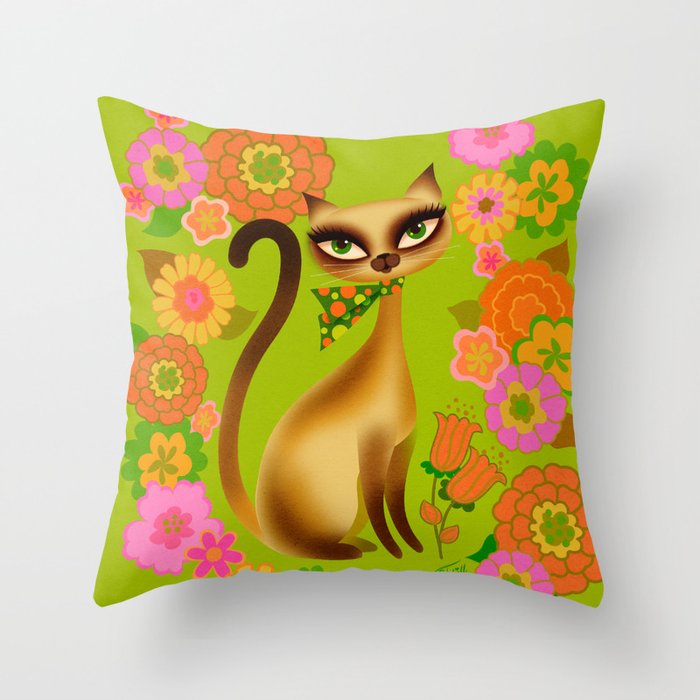 Siamese Mod Flower Kitty Throw Pillow