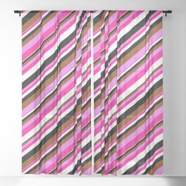 [ Thumbnail: Vibrant Brown, Violet, Deep Pink, White, and Black Colored Striped Pattern Sheer Curtain ]