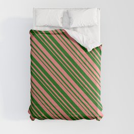[ Thumbnail: Dark Green & Light Coral Colored Lined/Striped Pattern Comforter ]