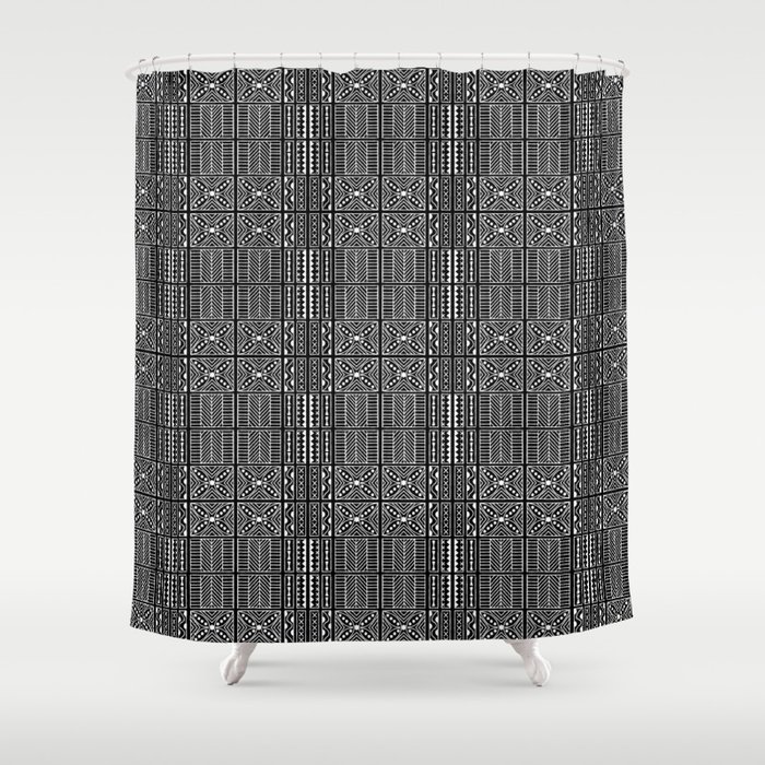 Black And White Kapa Geometric Hawaiian Bark Cloth Shower Curtain