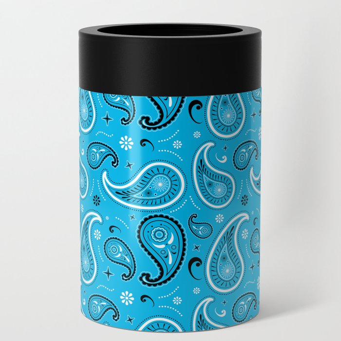 Black and White Paisley Pattern on Turquoise Background Can Cooler