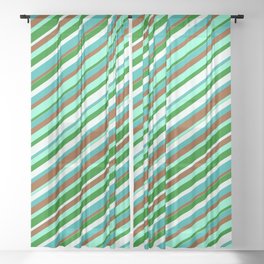 [ Thumbnail: Colorful Light Sea Green, Brown, Aquamarine, Green & Mint Cream Colored Lined/Striped Pattern Sheer Curtain ]