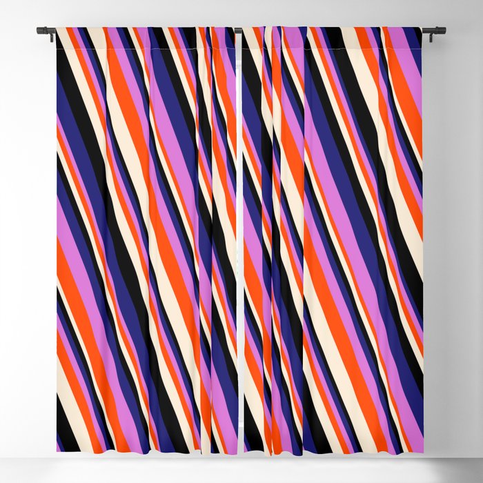 Vibrant Midnight Blue, Orchid, Red, Beige & Black Colored Striped/Lined Pattern Blackout Curtain
