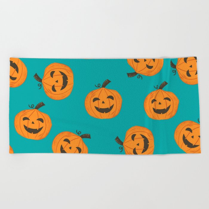 Spooky Pumpkin Halloween Pattern Beach Towel