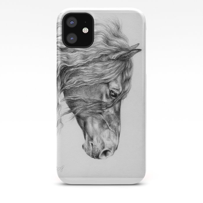 Black Friesian Horse Portrait Black White Pencil Drawing Iphone