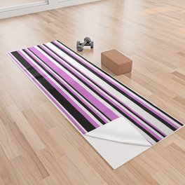 [ Thumbnail: Orchid, Black, and White Colored Striped/Lined Pattern Yoga Towel ]