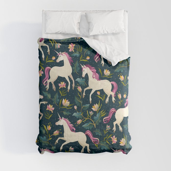Unicorns on a dark background with a fairy forest Comforter