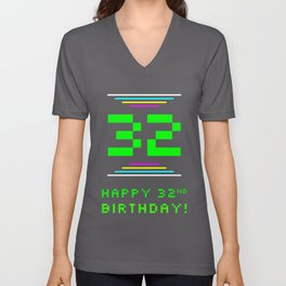 [ Thumbnail: 32nd Birthday - Nerdy Geeky Pixelated 8-Bit Computing Graphics Inspired Look V Neck T Shirt V-Neck T-Shirt ]