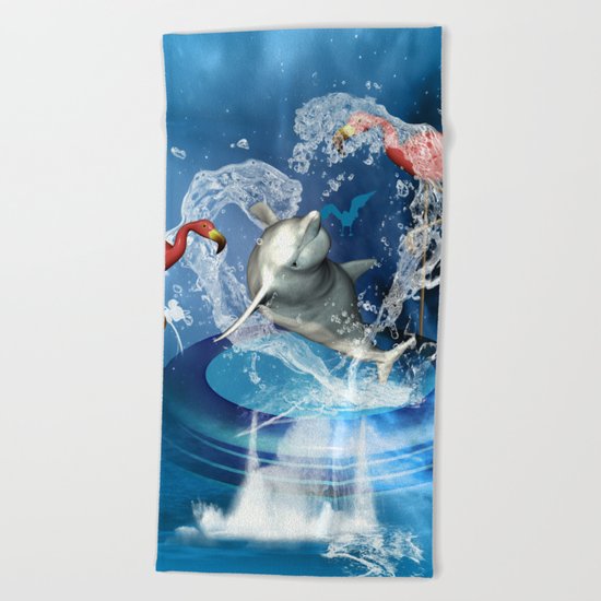 Dolphin jumping by a heart Beach Towel