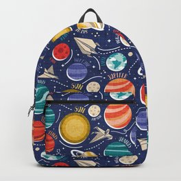 Paper space adventure I // navy blue background multicoloured solar system paper cut planets origami paper spaceships and rockets  Backpack