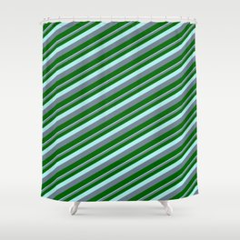 [ Thumbnail: Turquoise, Slate Gray, and Dark Green Colored Striped Pattern Shower Curtain ]