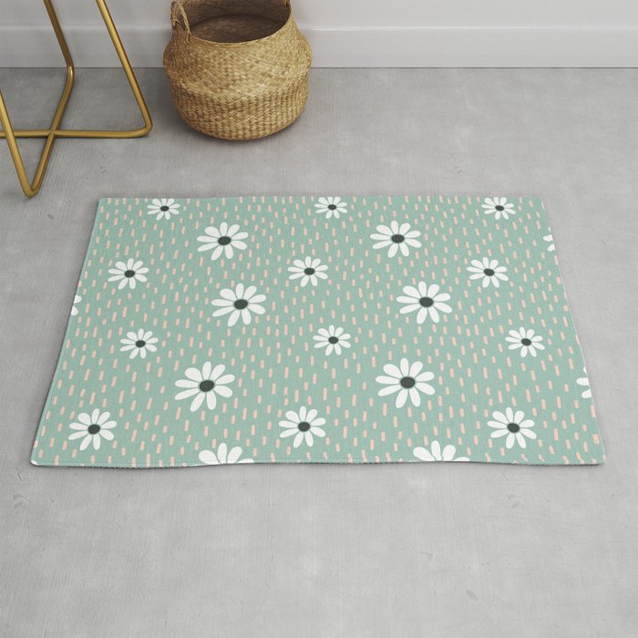 White flowers on teal, floral pattern, white, teal, pink Rug