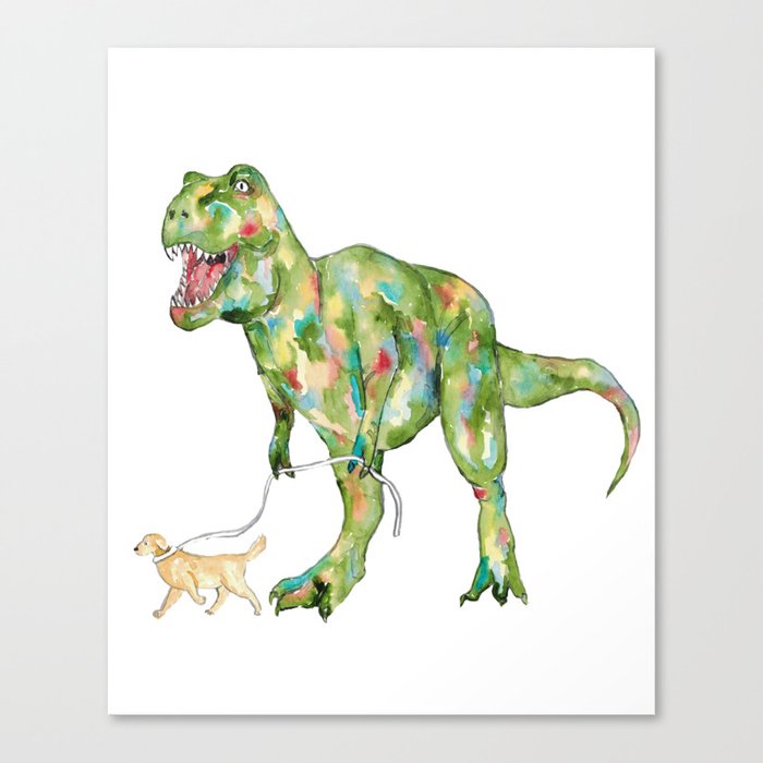 T-rex dinosaur walking dog painting Canvas Print