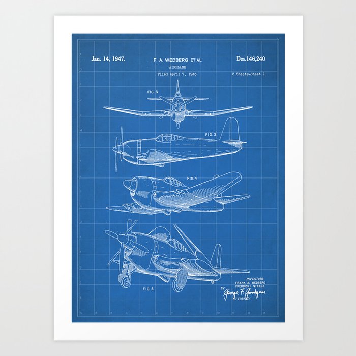 Wedberg Airplane Patent Us Air Force Art Blueprint Art Print