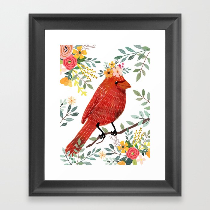 Red Bird with Floral Crown Framed Art Print