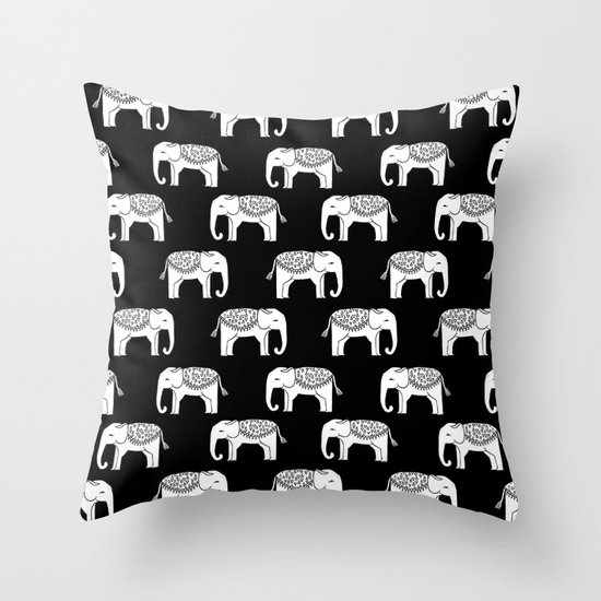 Black and white minimal linocut elephant pattern india pattern cute nursery Throw Pillow by ...