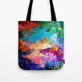 WELCOME TO UTOPIA Bold Rainbow Multicolor Abstract Painting Forest Nature Whimsical Fantasy Fine Art Tote Bag