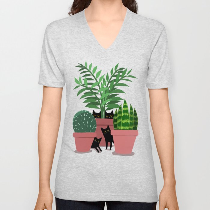 Black Cats & Potted Plants V Neck T Shirt