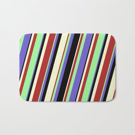 [ Thumbnail: Green, Slate Blue, Black, Light Yellow, and Red Colored Stripes Pattern Bath Mat ]