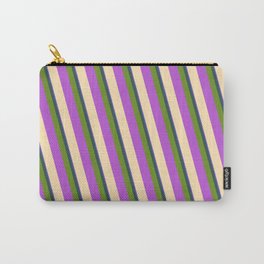 [ Thumbnail: Colorful Slate Blue, Dark Slate Gray, Green, Orchid & Beige Colored Striped Pattern Carry-All Pouch ]