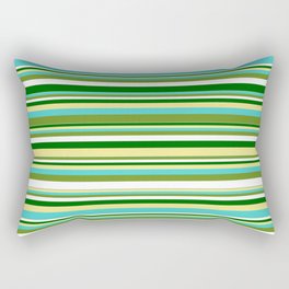 [ Thumbnail: Tan, Turquoise, Green, White, and Dark Green Colored Pattern of Stripes Rectangular Pillow ]