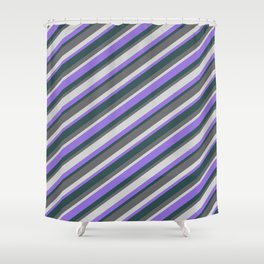 [ Thumbnail: Purple, Dark Slate Gray, Dim Gray, and Light Grey Colored Lined Pattern Shower Curtain ]